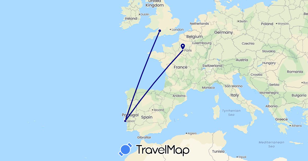 TravelMap itinerary: driving in France, United Kingdom, Portugal (Europe)